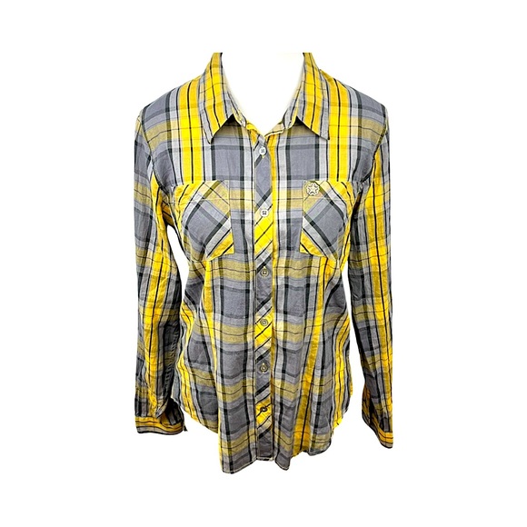 OBEY Women’s Plaid Lightweight Cotton Button Up Shirt Size L Yellow Streetwear - Picture 4 of 12